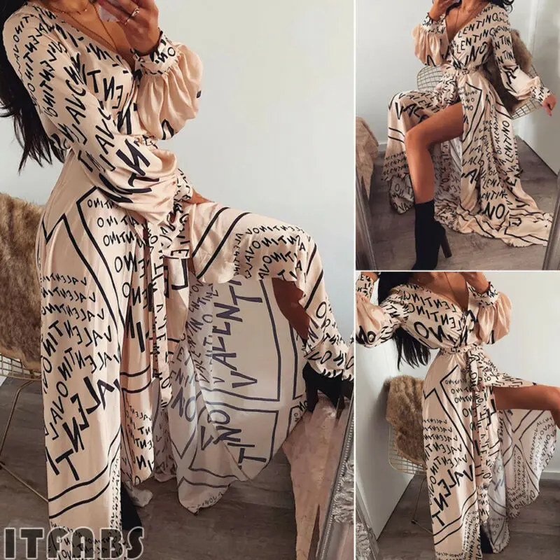 

2019 Women Ladies Vintage Long Sleeve Deep-V-Neck Thigh Slit Maxi Dress Sundress