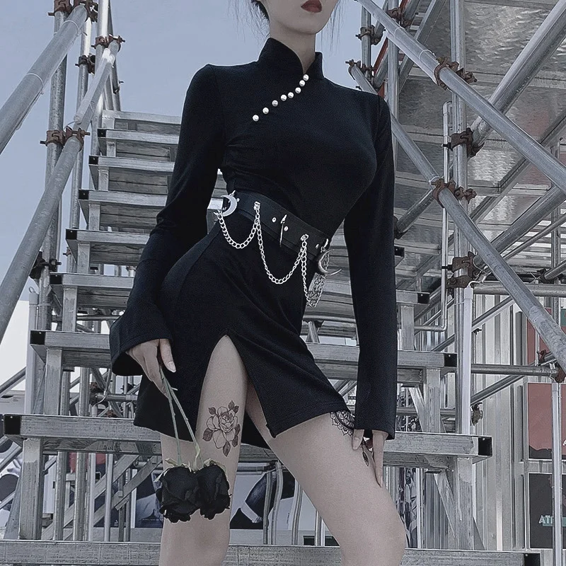 Женское крутое черное платье Cheongsam в китайском стиле обтягивающее мини-платье