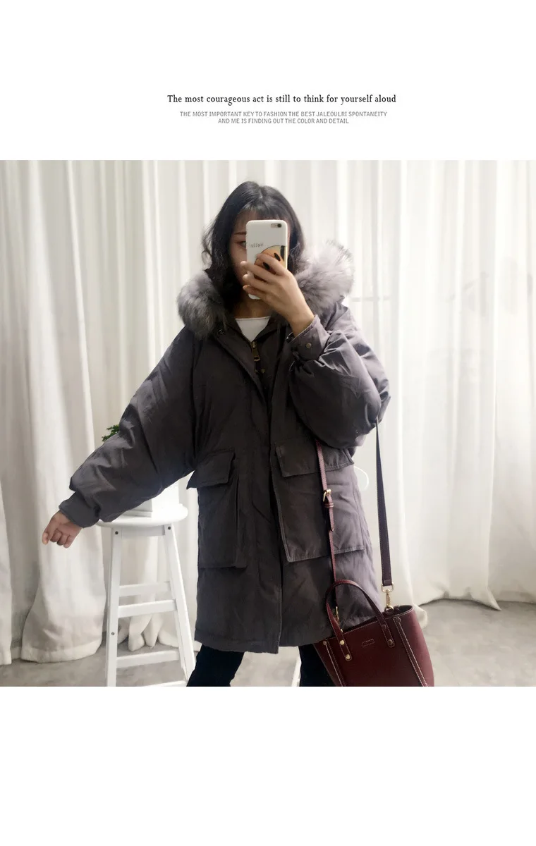 New Style Korean-style Large Fur Collar down Jacket Women's Mid-length When Thick Loose Peach Skin Large Pocket Coat