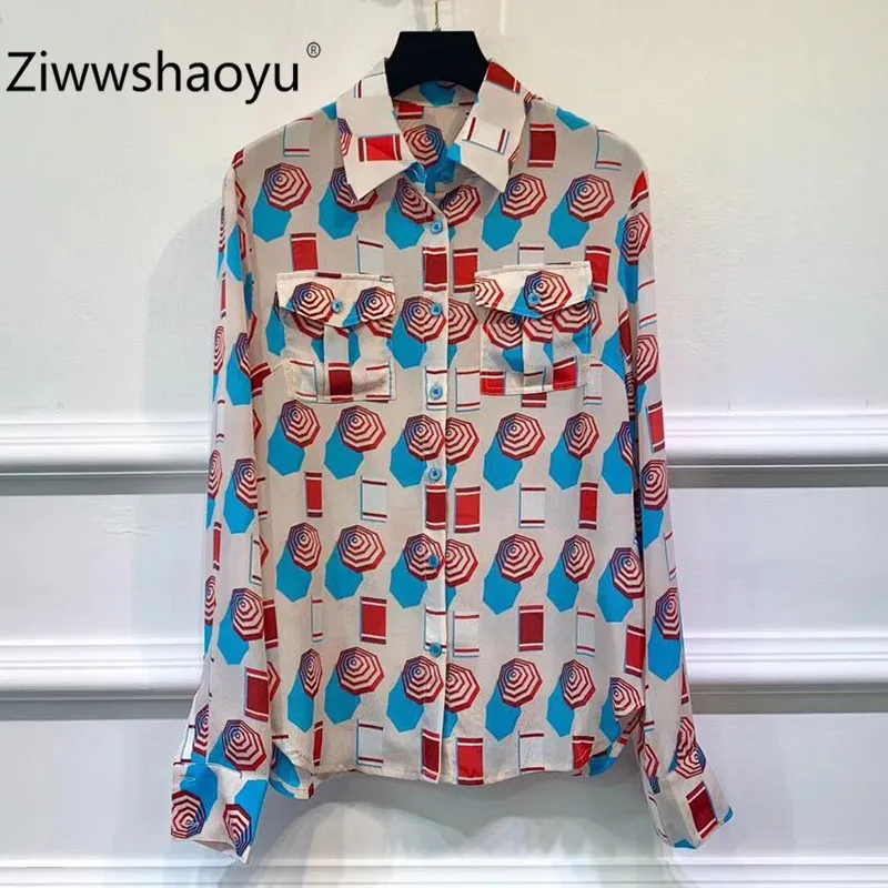 

Ziwwshaoyu 2019 New Autumn High End 100% Silk Blouse Shirt Women's Long Sleeve Colorful Print Fashion Elegant Party Tops
