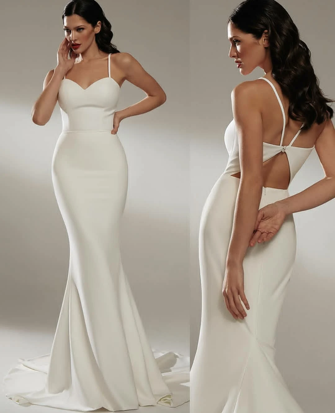 

Elegant Long Mermaid V-Neck Wedding Dresses Ivory Spaghetti Strap Open Back Stretchy Satin Robes De Mariée Bridal Gown For Women