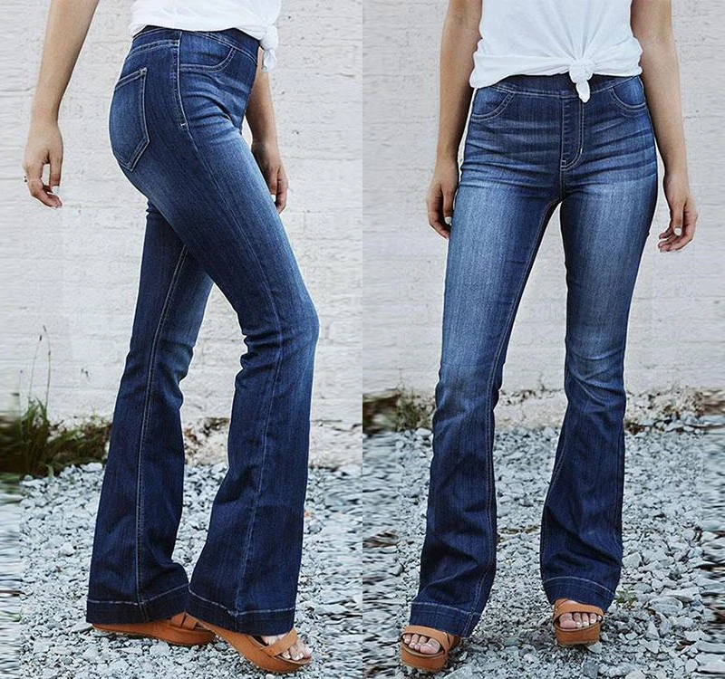 Womens Slim Fit Flare Jeans Mom Elastic High Waisted Denim Pants