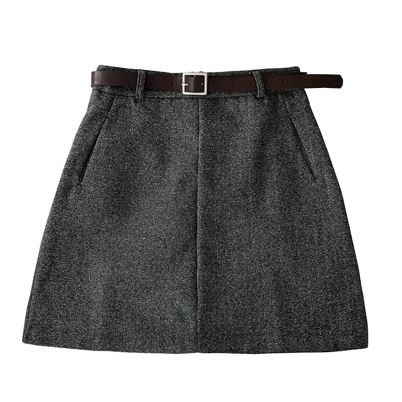 2020 Women Sashes Chic Skirt Autumn Winter Harajuku Solid High Waist Casual A-line Skirt Females Fashion Pocket Belt Mini Skirts
