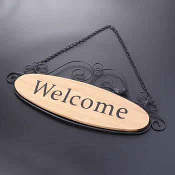 

Wooden Welcome Shingle Hanging Doorplate Creative Iron Art Wall Sign Decor