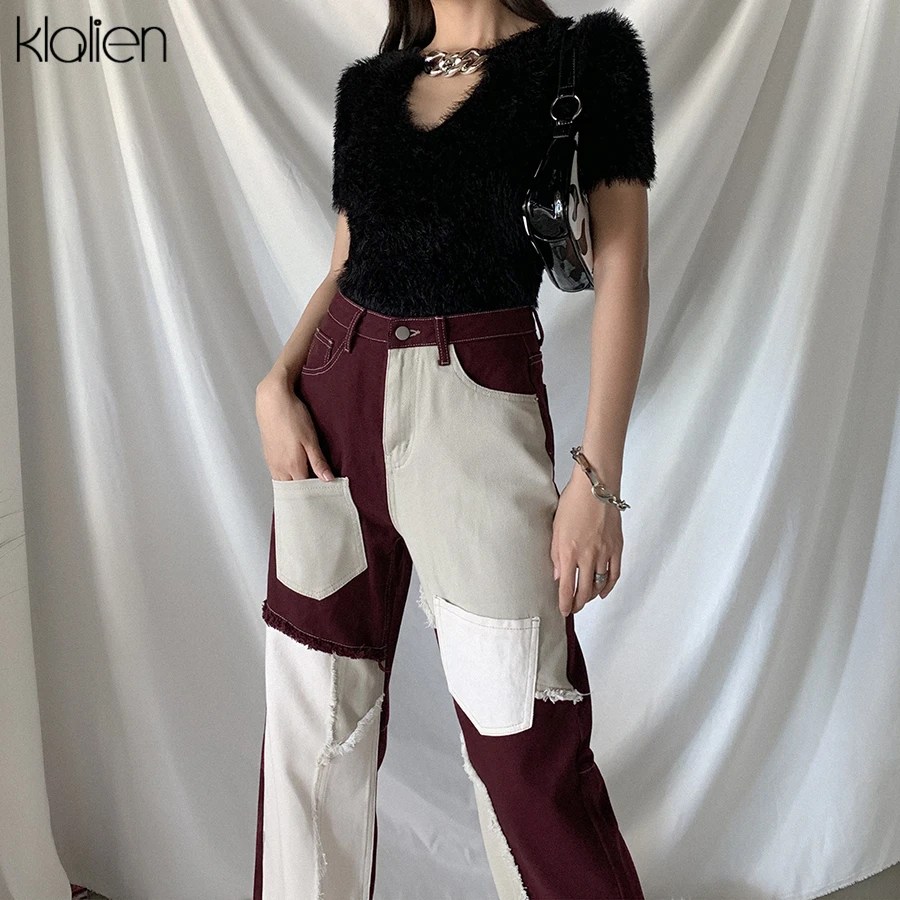 KLALIEN Autumn Winter High Waist Loose Straight Pant Women Fashion Street Hip Hop Wide Leg Pants Patchwork Cotton Female Slacks