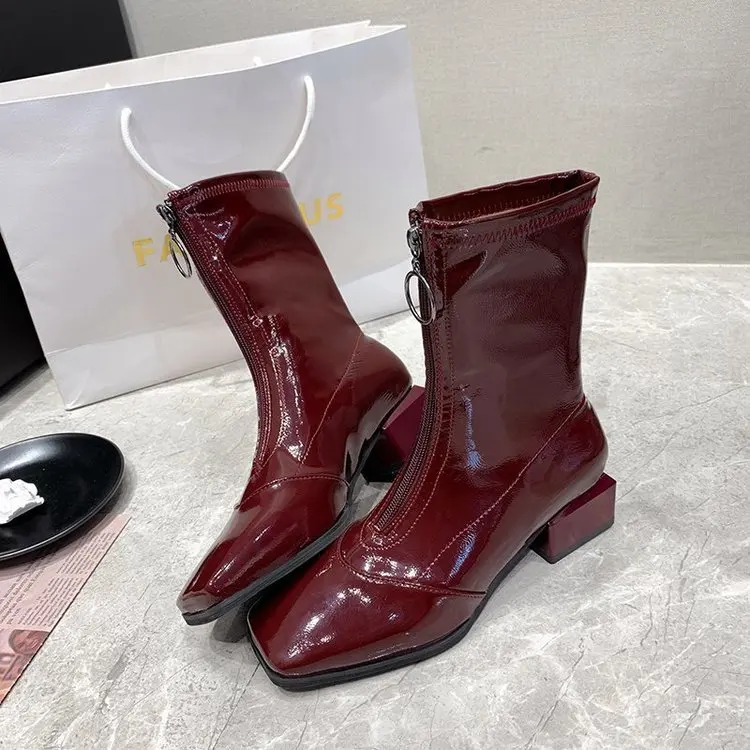 

2020 New Spring and autumn front zipper women's boots thick heel short tube patent-leather square toe Martin boots trend X551