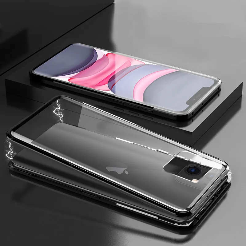 Металлический магнитный адсорбционный флип-чехол для iPhone 11 Pro Max XS MAX XR 8 7 6s 6 Plus 11 прозрачный двусторонний стеклянный Магнитный чехол