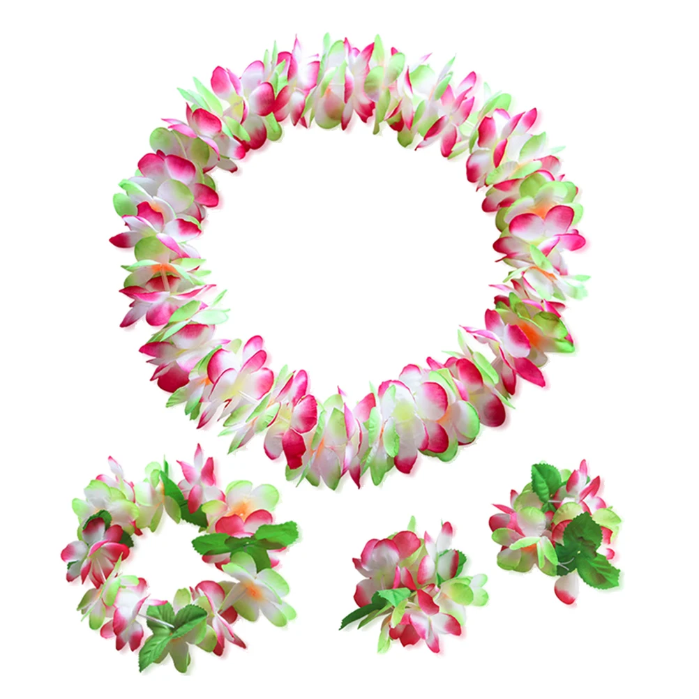 4Pc Hawaiian Garland Thicken Artificial Flower Headband Necklace Bracelet Tropical Beach Party Fancy Dress White Pink Yellow A3