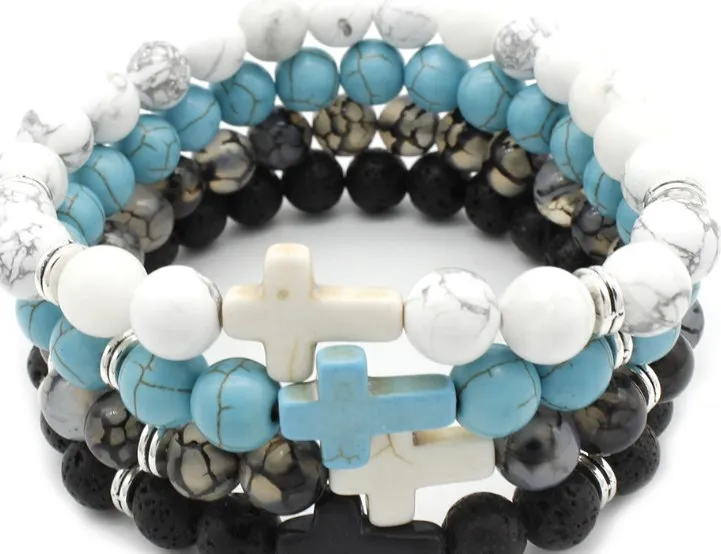 8 мм ut54 крест Бирюзовый Белый Howlite Эластичный регулируемый черный браслет из