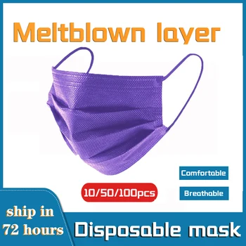 

10/100pcs Disposable Face Mask 3 Layers Filter Earloop Meltblown Cloth Breathable Gauze Mask Dark Purple Adult Face Mouth Masks