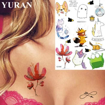

Watercolor Cute Fox Cartoon Cats Unicorn Tattoos Temporary For Children In Bulk Fake Tattoo Stickers Body Chest Hand Tatto Women