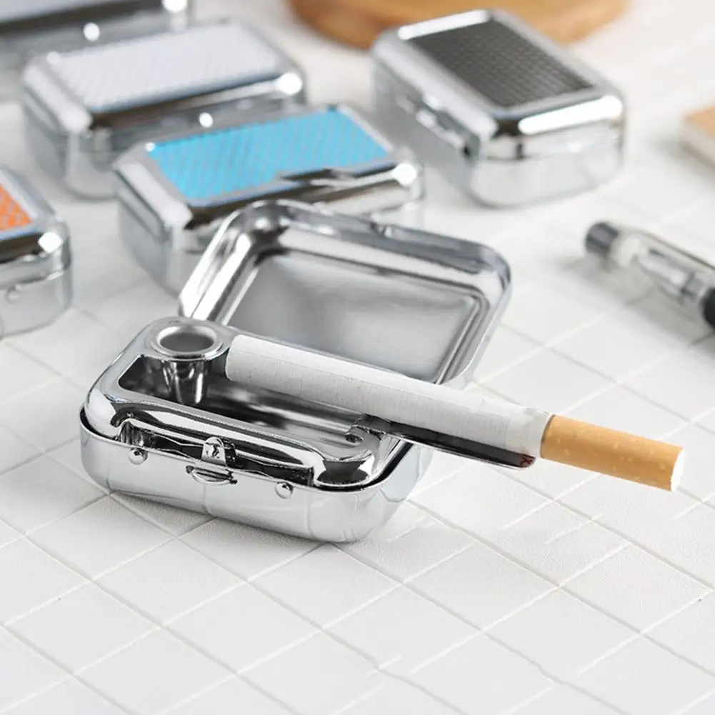 Square Metal Ashtray Holder with Lockable Lid Portable Desktop Smoking Tobacco Ash Storage Case