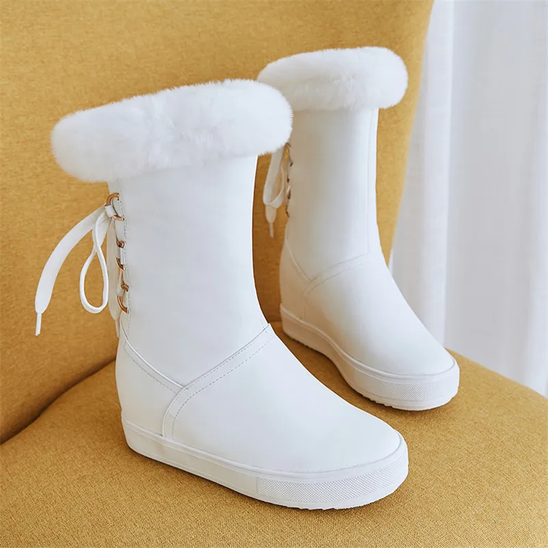 ANNYMOLIWomen/женские ботинки зимние сапоги до середины икры на натуральном меху, увеличивающие рост теплая плюшевая обувь с круглым носком женские размеры 34-39