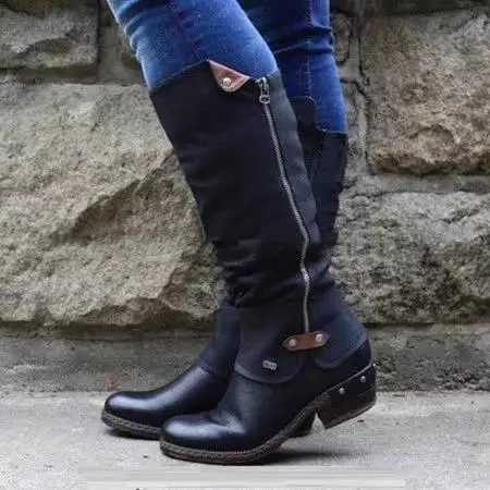 Женские ботинки до середины икры, на застежке-молнии, круглый носок, низкий каблук, обувь на каждый день в винтажном стиле; Большие размеры botas mujer invierno B01