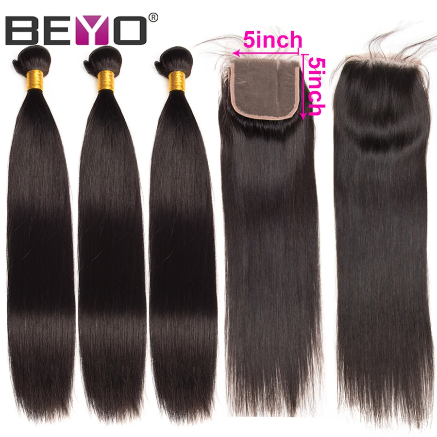 Прямые пучки волос с бразильские волосы закрытием переплетения человеческих 5x5