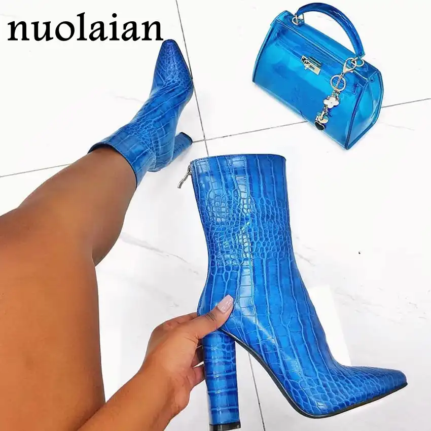 blue leather ankle boots womens