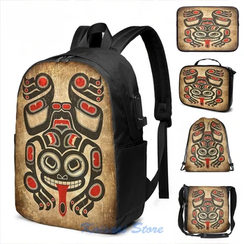 

Red and Black Haida Spirit Tree Frog USB Charge Backpack men School bags Women bag Travel laptop bag