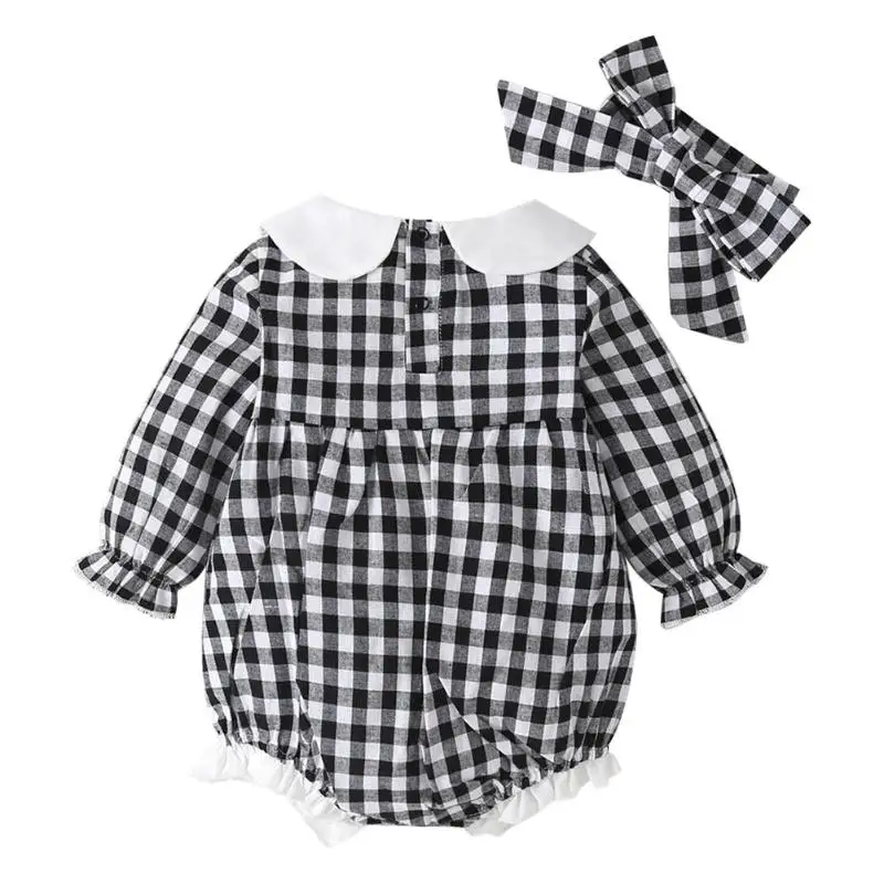 Cute Autumn Baby Girl Clothes Set 2pcs High-quality Soft Surface Breathable Bowknot Plaid Lotus Collar Lace Romper Headband