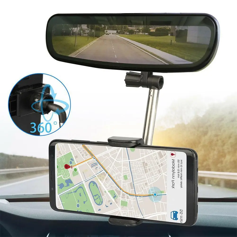 Universal 360° Car Rearview Mirror Mount Holder Stand Cradle For Mobile Phone
