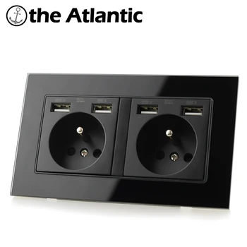 

FR Plug Wall Socket With USB Charging Port Power Outlet 16A France Czech Republic Slovakia Black Glass Frame 146*86mm