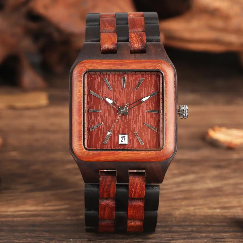 Retro Wood Watches for Men Unique Rectangle Dial Light Clock Man Full Natural Woody Bracelet Calendar 4