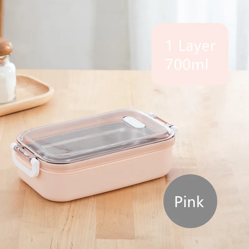 Портативный Ланч-бокс из нержавеющей стали 304, многослойные коробки для обедов бенто, набор посуды, микроволновая печь для взрослых, детский пищевой контейнер - Цвет: 1 Layer Pink