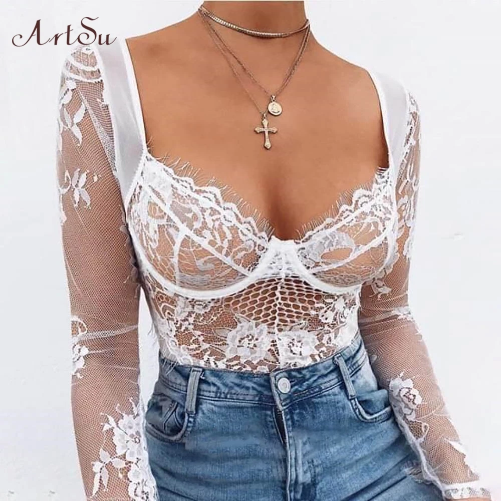 

ArtSu Artsu Sexy Transparent Hollow Out Lace Bodysuit Long Sleeve Jumpsuits Floral Lace Bodycon Romper Mujer Catsuit ASJU60263