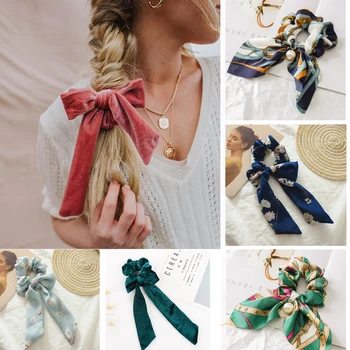 

Fashion Print Scrunchie Silk Elastic Hair Band Bows Ponytail Holder Rubber Ropes Girls Hair Ties Hair Accessories