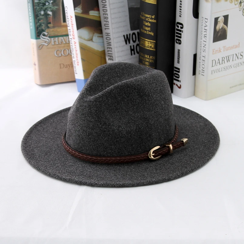 GEMVIE New Wide Brim Wool Women Fedora With Buckle Leather Band Felt Hat New Warm Autumn Winter Panama Jazz Cap