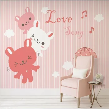 

Professional custom wallpaper mural hand-painted pink bunny children's room princess room sofa TV background wall