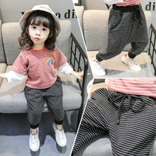 Коллекция года, весенне-осенние новые стильные свободные штаны в полоску для мальчиков и девочек корейские широкие вязаные штаны на шнуровке