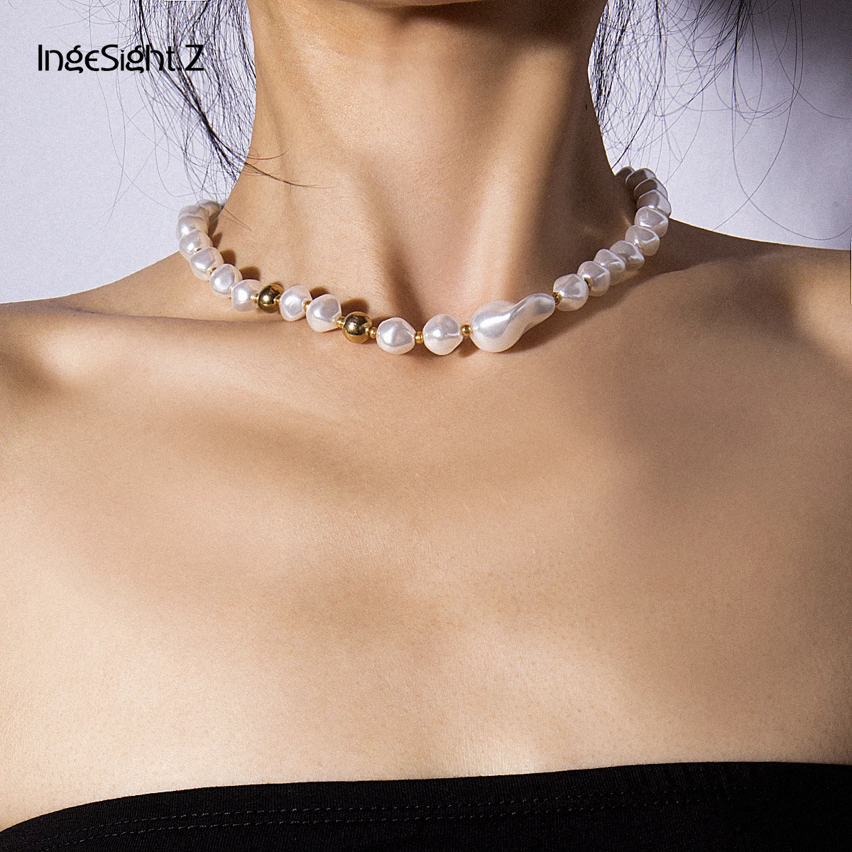 IngeSight. Z панк имитация жемчуга чокер ожерелье воротник массивные маленькие бусы короткая цепочка на ключицы ожерелье для женщин ювелирные изделия