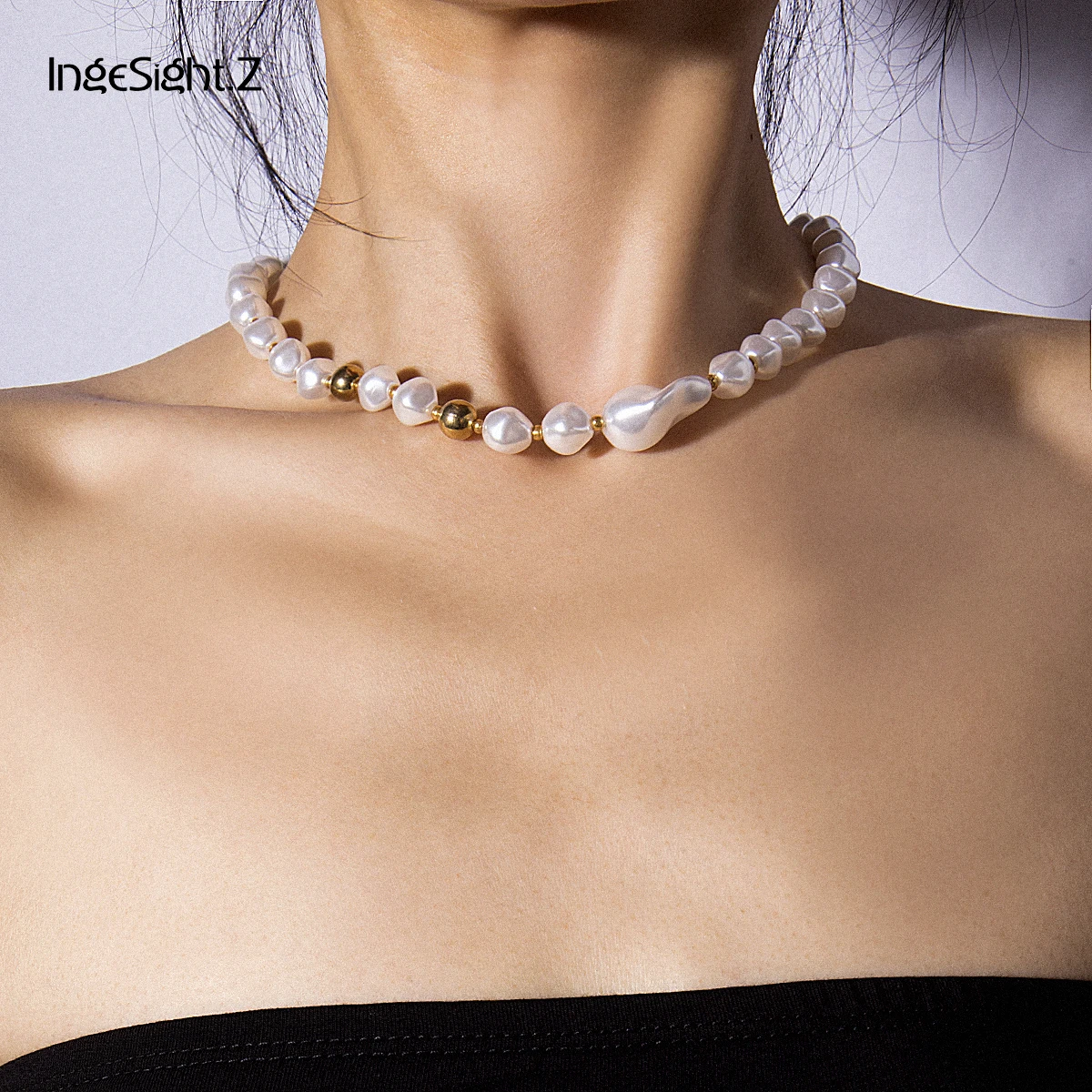 

IngeSight.Z Punk Imitation Pearl Choker Necklace Collar Statement Small Bead Short Clavicle Chain Necklace for Women Jewelry