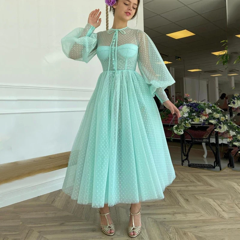 High Neck Long Sleeve Mint Green Tea Length Buttons Prom Dress A-Line Tulle Evening Gowns cute prom dresses Prom Dresses