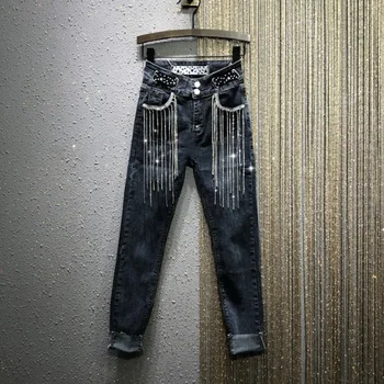 

Rhinestone Tassel Personality Jeans Women 2020 Spring New High-Waist Slim Stretch Ripped Pencil Pants Denim Trousers Jean Femme