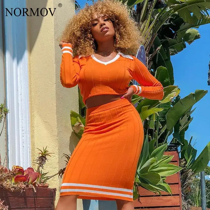 

NORMOV 2 Piece Sexy Ribbed Patchwork Office Lady Bodycon Skirt Set Women POLO Collar Long Sleeve Mid Skirt Matching Sets