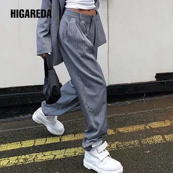 

Casual Loose Suit Pants Women Striped High Waist Straight Pants Capris Long Solid Streetwear Trousers Ladies Summer