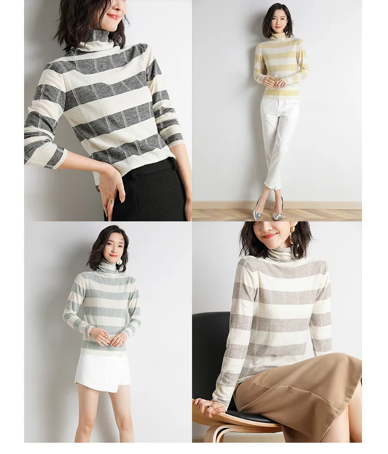 XJXKS Fashion striped women turtleneck sweater autumn winter new comfortable wool knitted sweater women pullover