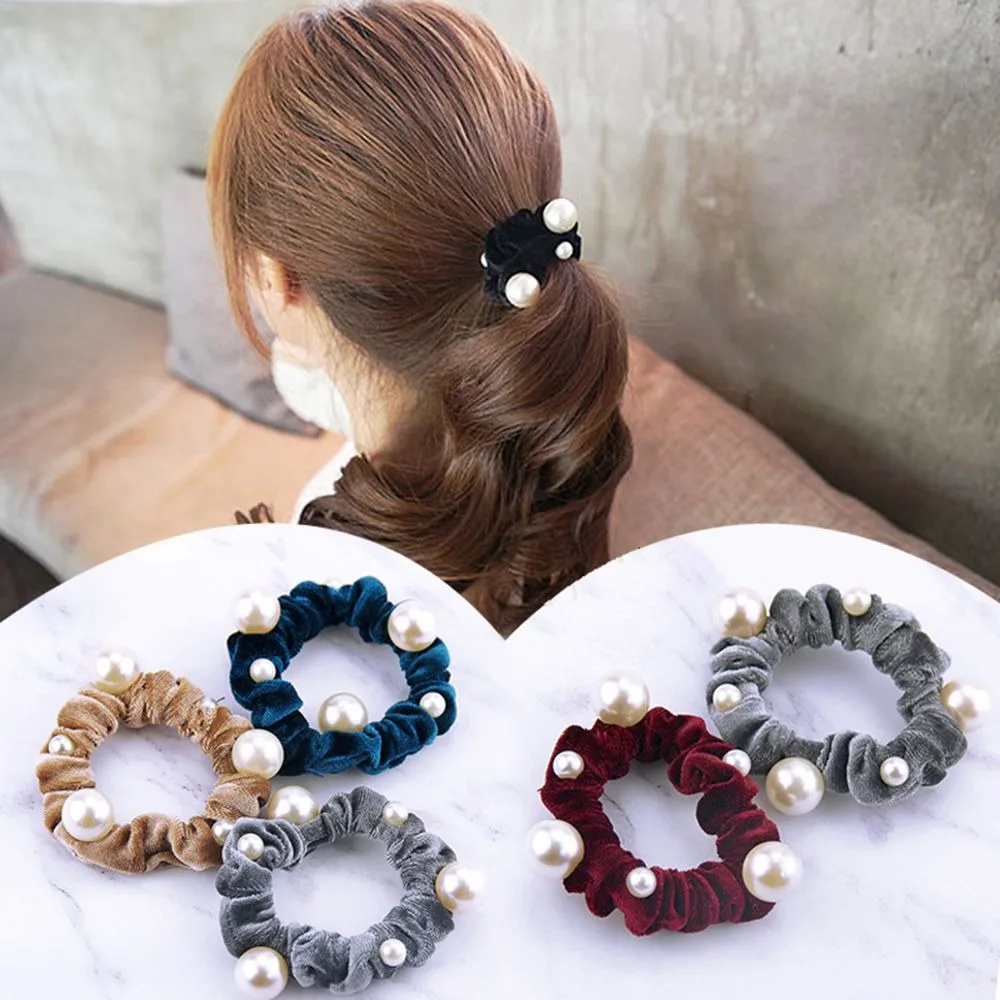 

1PC Pearls Velvet Hair Scrunchies Hair Rope for Women Girls Ponytail Holder Elastic Hair Rubber Bands Headwear Hair Accessories