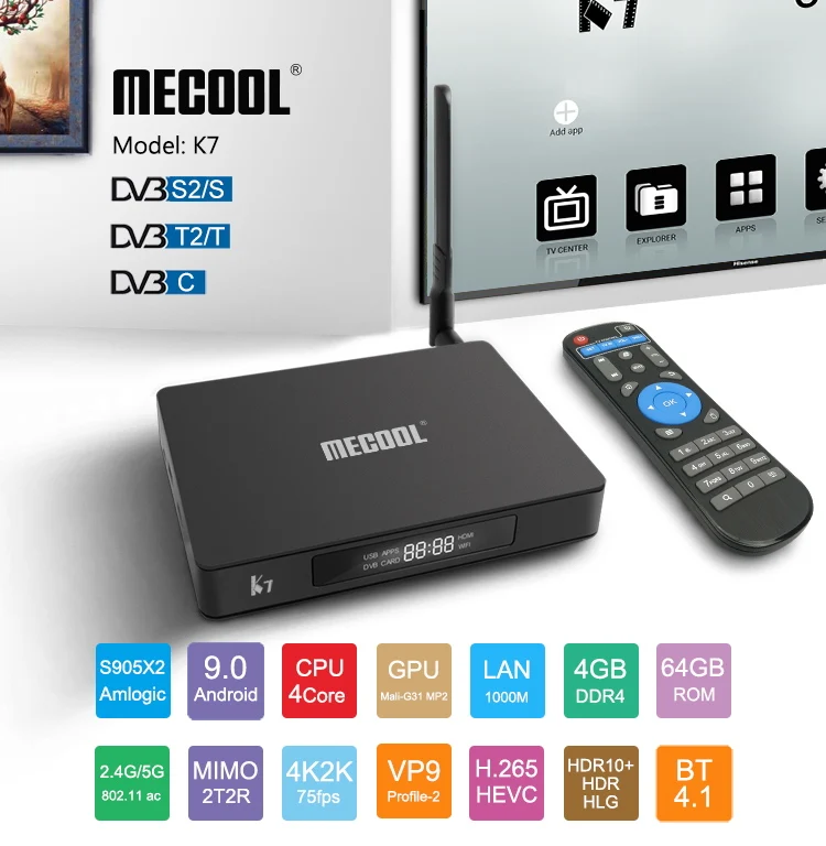 ТВ-приставка MECOOL K7 DVB-S2-T2 TC Android 9,0 4 Гб LPDDR4 64 Гб Amlogic S905X2 2,4 ГГц+ 5 ГГц WiFi 1000 Мбит/с Bluetooth 4,1 HDR10 4K