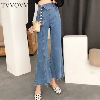 

TVVOVVIN 2018 New Fashion Irregularly Buckled High-waist Denim Flared Pants Trousers Female's Personality Blue Jeans V453