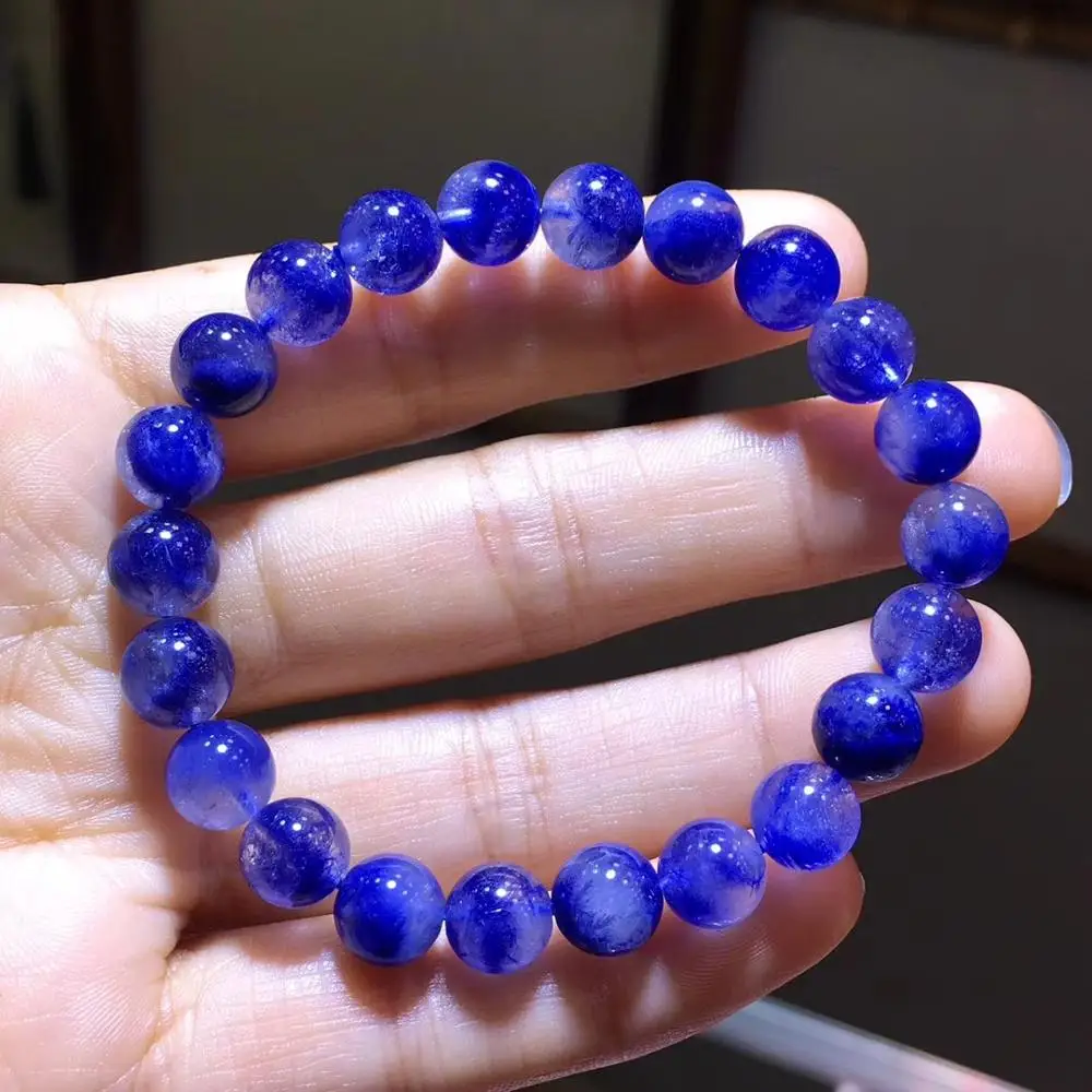 Certificate Natural Blue Dumortierite Quartz Rutilated Round Crystal Women 8.5mm Clear Beads Stone Bracelet From Brazil AAAAA