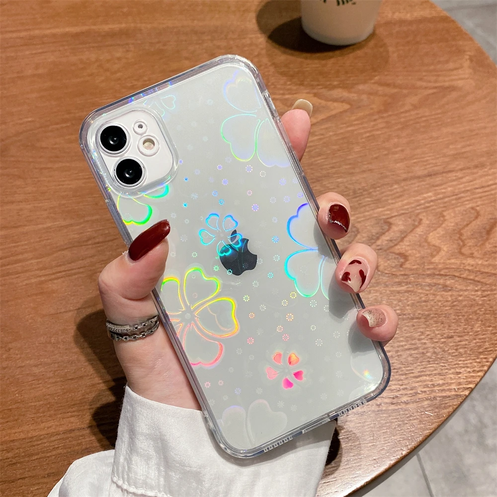 Fashion Gradient Laser Love Heart Leaf Pattern Case For iPhone 13 11 12 Pro Max X XS XR 7 8 Plus SE 2020 Clear Cover With Hearts