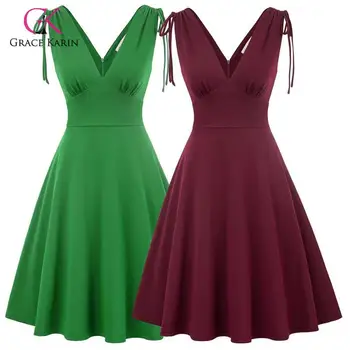 

Grace Karin Retro Vintage Women Elegant Sleeveless Dress Deep V-Neck Flared A-Line Cotton Swing Party Dress Solid Color Dress