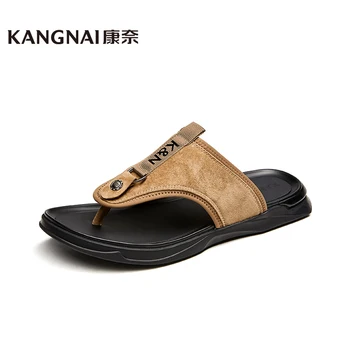 

KANGNAI Men Slippers Outside Pigskin Beach Flip Flops Rome T-Strap Casual Man Shoes Summer