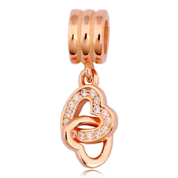 

Authentic 925 Sterling Silver Bead Charm Rose Interlocked Love Hearts With Crystal Pendant Bead Fit Bracelet Diy Jewelry