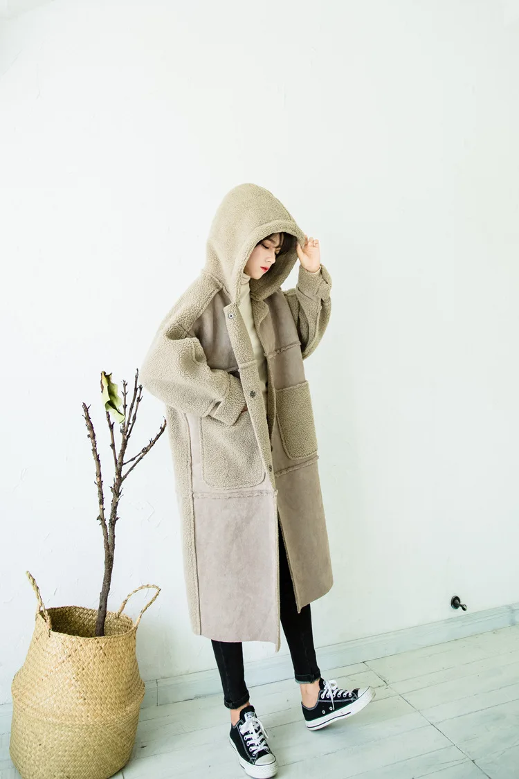 Зимнее пальто из овечьей шерсти, женское меховое пальто свободного кроя, плотное, выше колена, замшевое, с капюшоном, средней длины, хлопковая стеганая одежда, хлопковое пальто