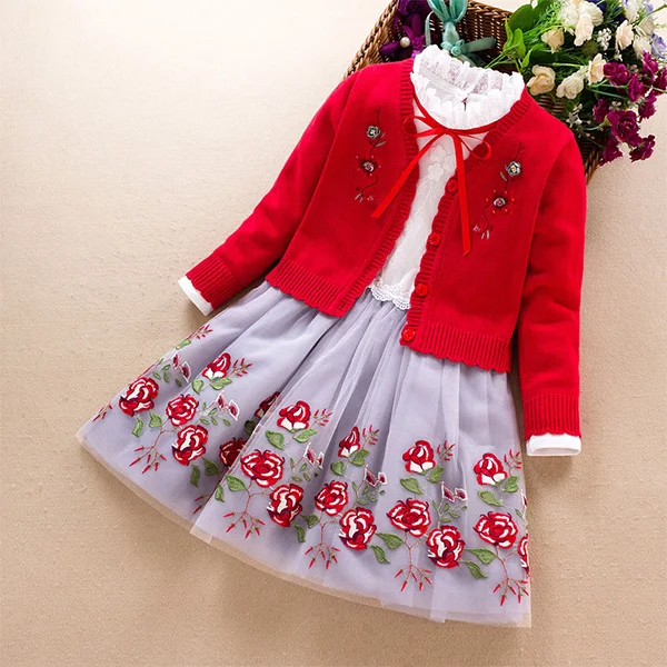 Комплект одежды для маленьких девочек на осень, зиму и весну, хлопковый свитер с длинными рукавами для маленьких девочек, пальто+ платье, костюмы из 2 предметов, детская одежда для 3-9 лет - Цвет: Gules
