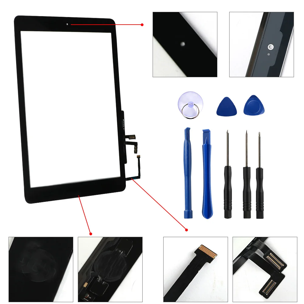 For Ipad Air 1 Touch Screen A1474 A1475 A147 Digitizer Sensor + Home Button + Flex Adhesive Repair Tools Assembly Glass Panel