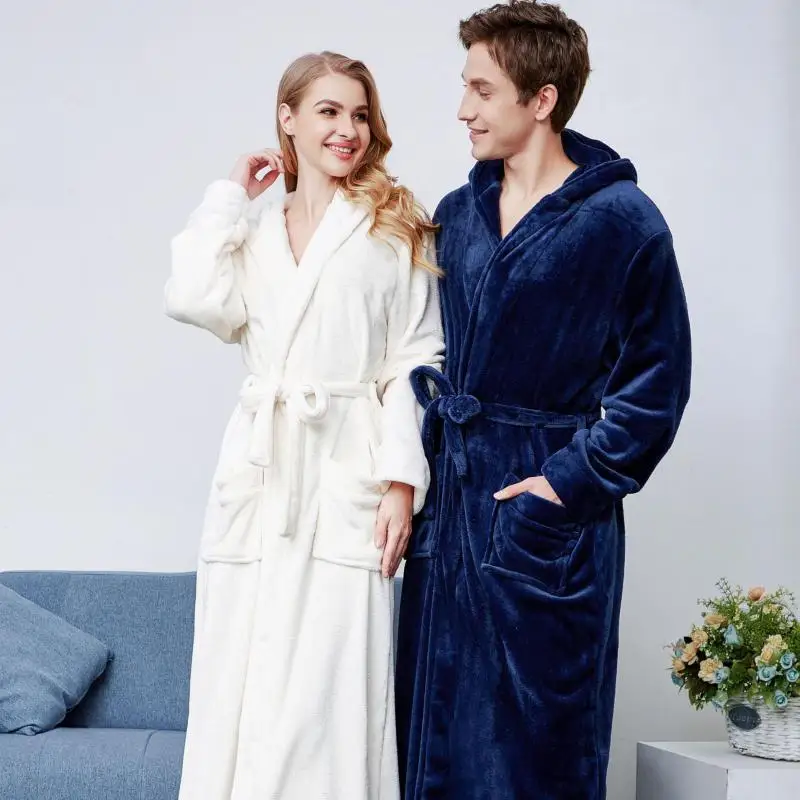 Couple Autumn Winter Long Robe Sleepwear Thick Flannel Hooded Bathrobe Nightgown Warm Coral Fleece Nightdress Plus Size Homewear
